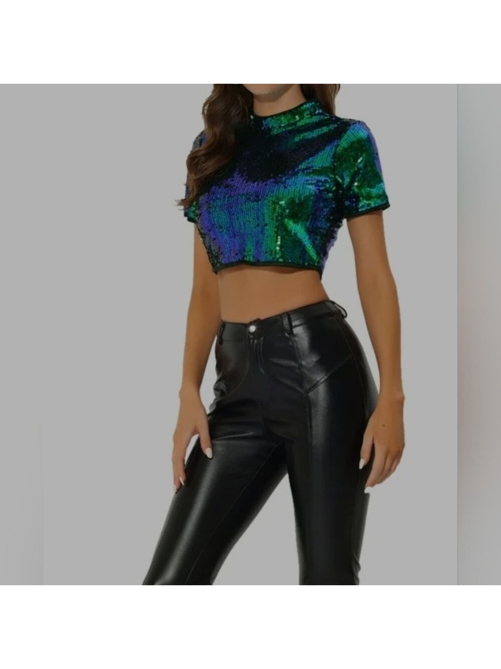 Allegra K | Glitter Sequin Stand Collar Short Sleeve Cropped Blouse